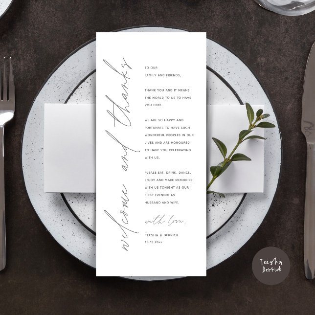 Inställning av tackkort för minimalistiskt Bröllop Program (Wedding Dinner Place Setting Thank You Card, Modern Minimalist, in Dark Grey)