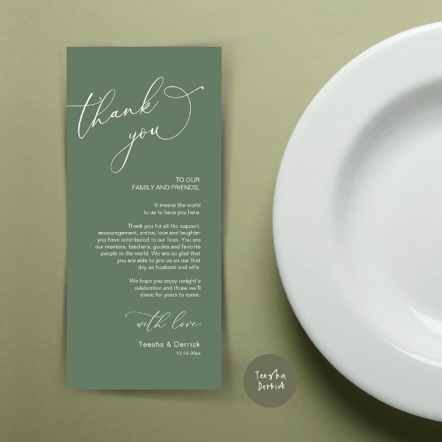 Inställning av tackkort för minimalistiskt Bröllop Program (Wedding Dinner Place Setting Thank You Card, in Modern Minimalist theme, Forest Sage Green)