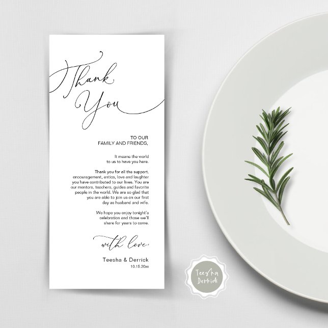 Inställning av tackkort för minimalistiskt Bröllop Program (Place Setting Thank You Card, Modern Romantic, Wedding Dinner, Lunch, Brunch in Black and White)