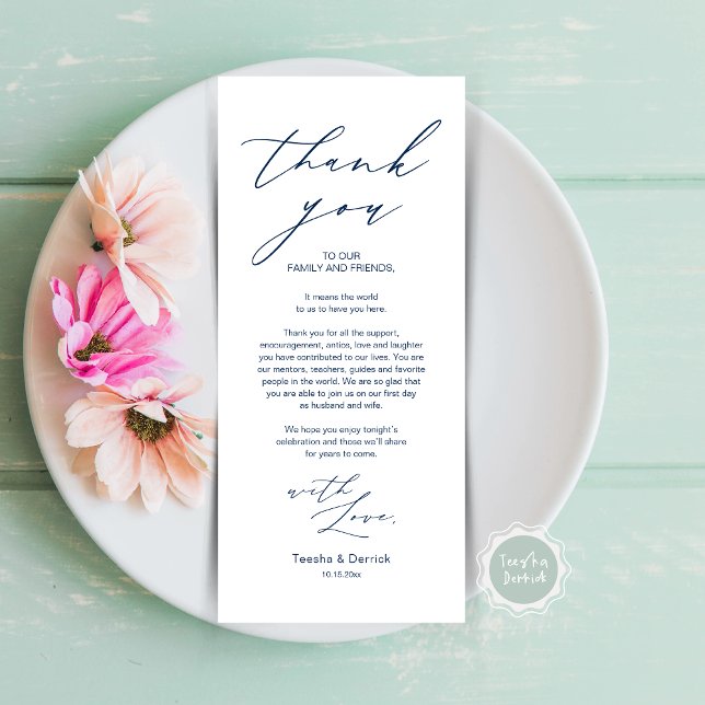 Inställning av tackkort för minimalistiskt Bröllop Program (Wedding Brunch, Lunch, Dinner Place Setting Thank You Card, Modern Minimalist Script, in Navy Blue)