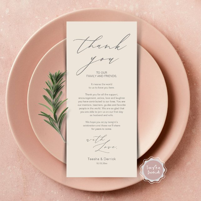 Inställning av tackkort för minimalistiskt Bröllop Program (Wedding Brunch, Lunch, Dinner Place Setting Thank You Card, Modern Minimalist Script, Grey Cream)