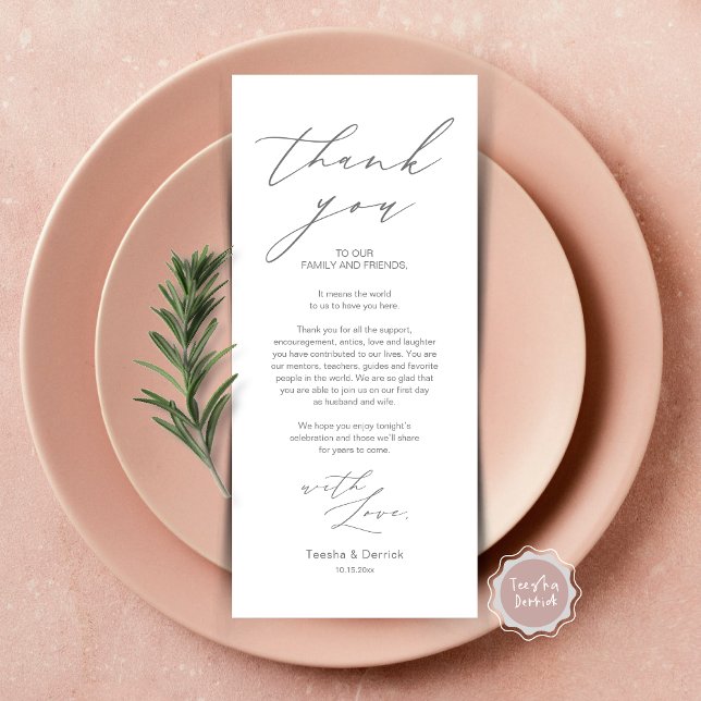 Inställning av tackkort för minimalistiskt Bröllop Program (Wedding Brunch, Lunch, Dinner Place Setting Thank You Card, Modern Minimalist Script, Dark Grey)