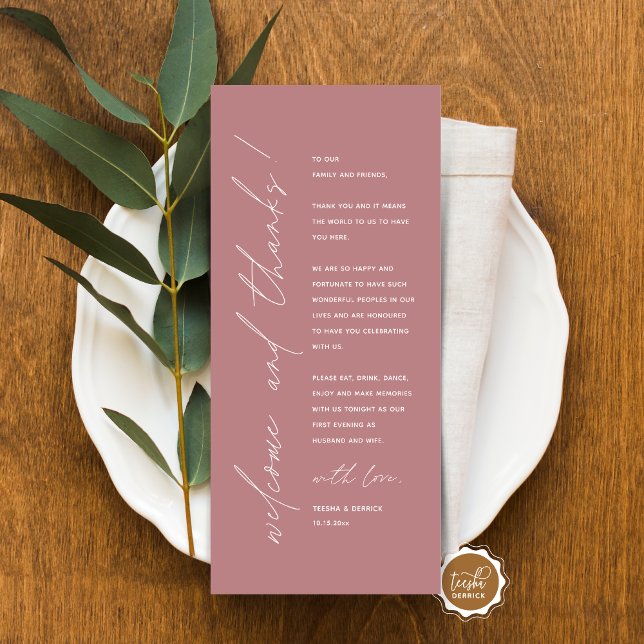 Inställning av tackkort för minimalistiskt Bröllop Program (Minimalist Wedding Place Setting Thank You Card, for dinner, brunch, lunch party, in dusty rose pink)