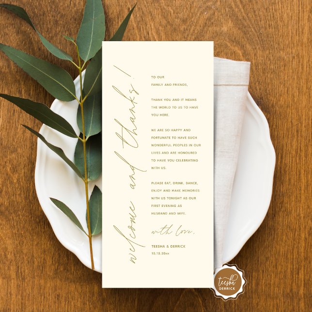 Inställning av tackkort för minimalistiskt Bröllop Program (Minimalist Wedding Place Setting Thank You Card, for dinner, brunch, lunch party, in classy gold)