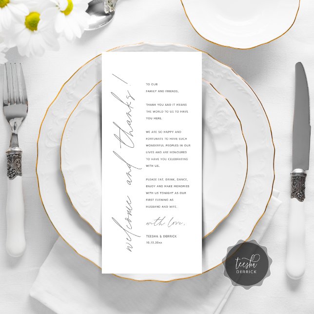 Inställning av tackkort för minimalistiskt Bröllop Program (Minimalist Wedding Place Setting Thank You Card, for dinner, brunch, lunch party, in dark grey)