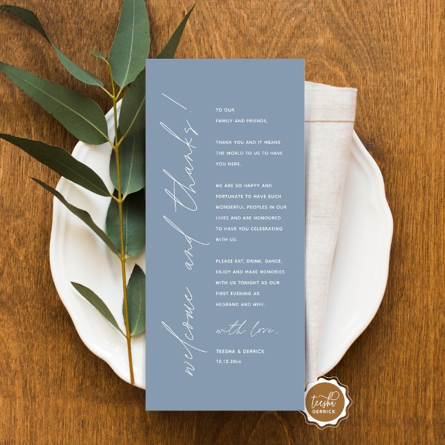 Inställning av tackkort för minimalistiskt Bröllop Program (Minimalist Wedding Place Setting Thank You Card, for dinner, brunch, lunch party, in dusty blue)