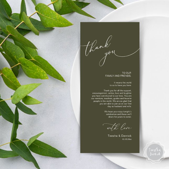 Inställning av tackkort för minimalistiskt Bröllop Program (Wedding Dinner Place Setting Thank You Card, Modern Minimalist Romantic Script, in Olive Green)