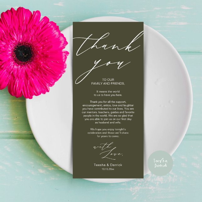 Inställning av tackkort för minimalistiskt Bröllop Program (Modern Minimalist Wedding Dinner Place Setting Thank You Card in aesthetic olive green)