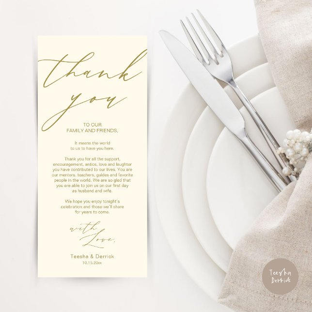Inställning av tackkort för minimalistiskt Bröllop Program (Modern Minimalist Wedding Dinner Place Setting Thank You Card in aesthetic yellow gold)