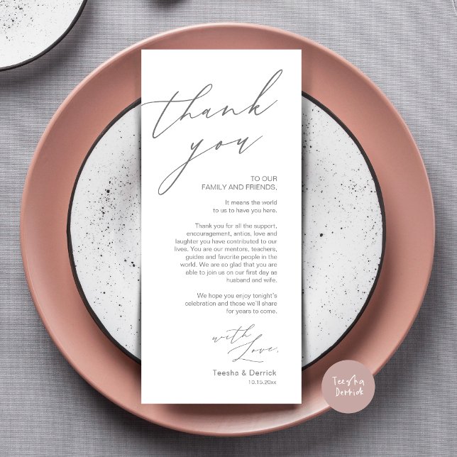 Inställning av tackkort för minimalistiskt Bröllop Program (Wedding Place Setting Dinner Thank You Card, Modern Romantic Script, in Dark Grey)