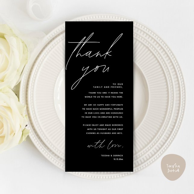 Inställning av tackkort för minimalistiskt Bröllop Program (Wedding Place Setting Thank You Card, Modern Minimalist in Classy Black)