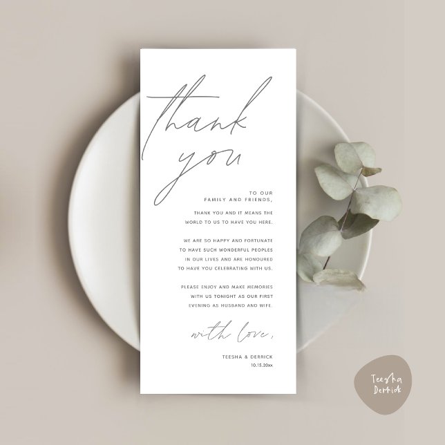 Inställning av tackkort för minimalistiskt Bröllop Program (Wedding Place Setting Thank You Card, Modern Minimalist in Dark Grey)