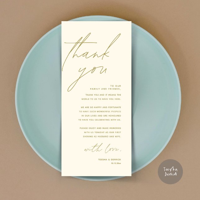 Inställning av tackkort för minimalistiskt Bröllop Program (Wedding Place Setting Thank You Card, Modern Minimalist in Yellow Gold)