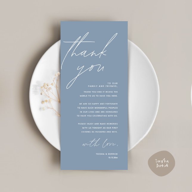 Inställning av tackkort för minimalistiskt Bröllop Program (Wedding Place Setting Thank You Card, Modern Minimalist in Dusty Blue)