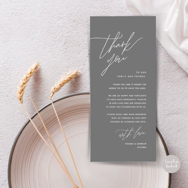 Inställning av tackkort för minimalistiskt Bröllop Program (Romantic Minimalist Wedding Dinner Place Setting Thank You Card, in Summer Dark Grey)