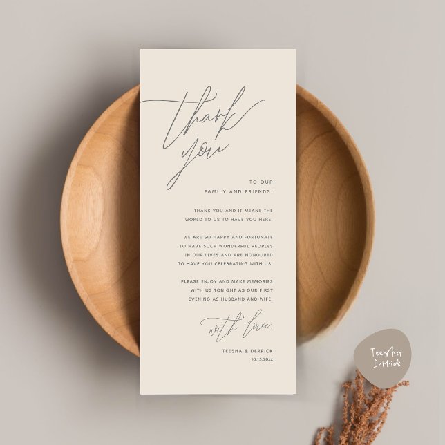 Inställning av tackkort för minimalistiskt Bröllop Program (Romantic Minimalist Wedding Dinner Place Setting Thank You Card, in Summer Cream Grey)