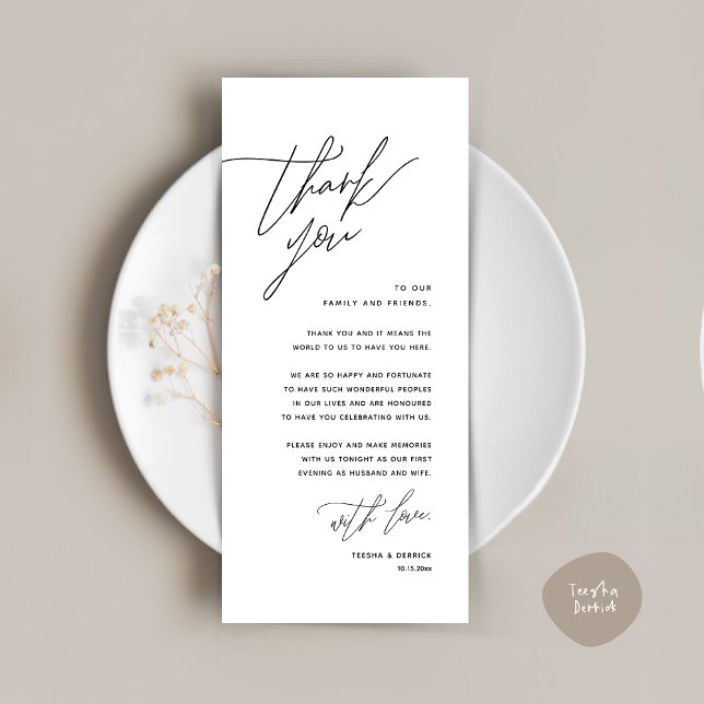 Inställning av tackkort för minimalistiskt Bröllop Program (Romantic Minimalist Wedding Dinner Place Setting Thank You Card, in White Black)