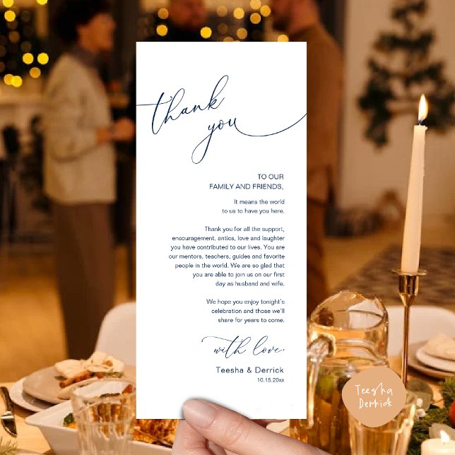 Inställning av tackkort för minimalistiskt Bröllop Program (Romantic Wedding Dinner Lunch Brunch Party Place Setting Thank You Card in Classy Navy Blue)