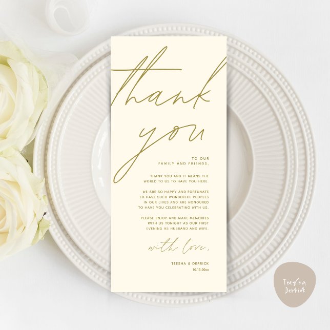 Inställning av tackkort för minimalistiskt Bröllop Program (Wedding Place Setting Thank You Card, Modern Minimalist Clean, Yellow Gold)