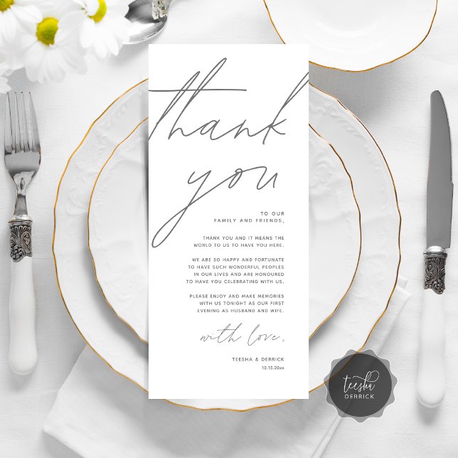 Inställning av tackkort för minimalistiskt Bröllop Program (Wedding Place Setting Thank You Card, Modern Minimalist Clean, Dark Grey)