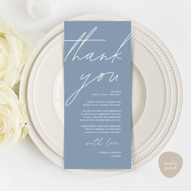 Inställning av tackkort för minimalistiskt Bröllop Program (Wedding Place Setting Thank You Card, Modern Minimalist Clean, Dusty Blue)