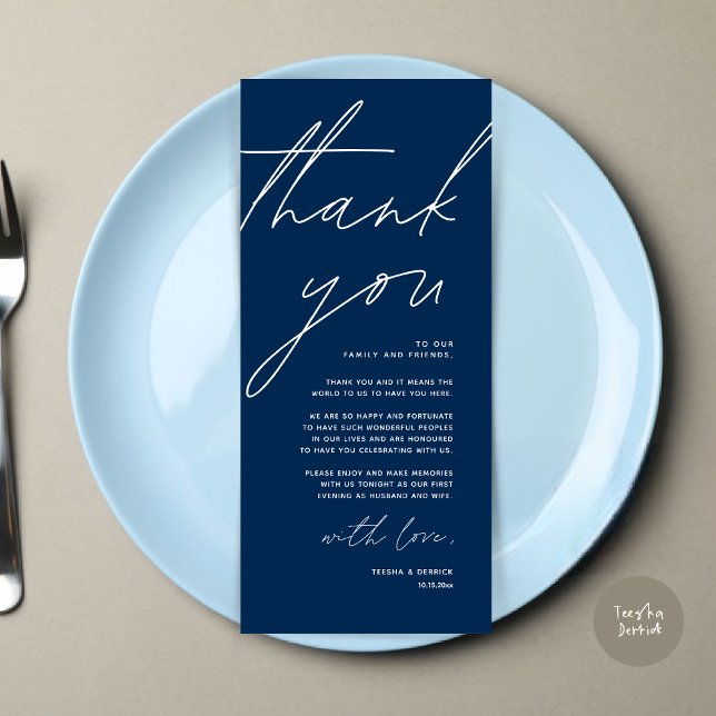 Inställning av tackkort för minimalistiskt Bröllop Program (Wedding Place Setting Thank You Card, Modern Minimalist Clean, Navy Blue)