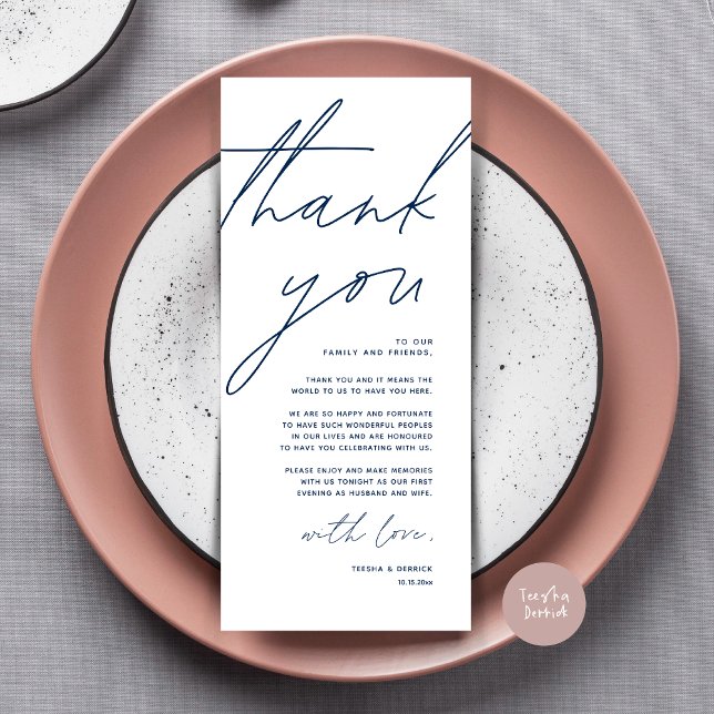 Inställning av tackkort för minimalistiskt Bröllop Program (Wedding Place Setting Thank You Card, Modern Minimalist Clean, Navy Blue)