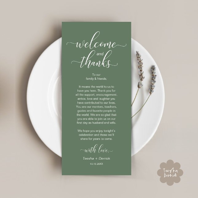 Inställning av tackkort för Modern Bröllop Bord St Program (Modern Wedding Dinner Brunch Lunch Table Place Setting Thank You Card in Rustic Sage Green Greenery)