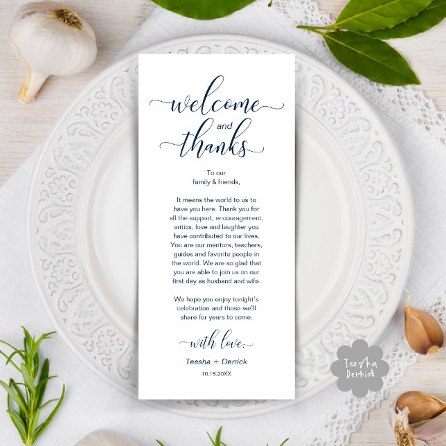 Inställning av tackkort för Modern Bröllop Bord St Program (Modern Wedding Dinner Brunch Lunch Table Place Setting Thank You Card in Classy Navy Blue)