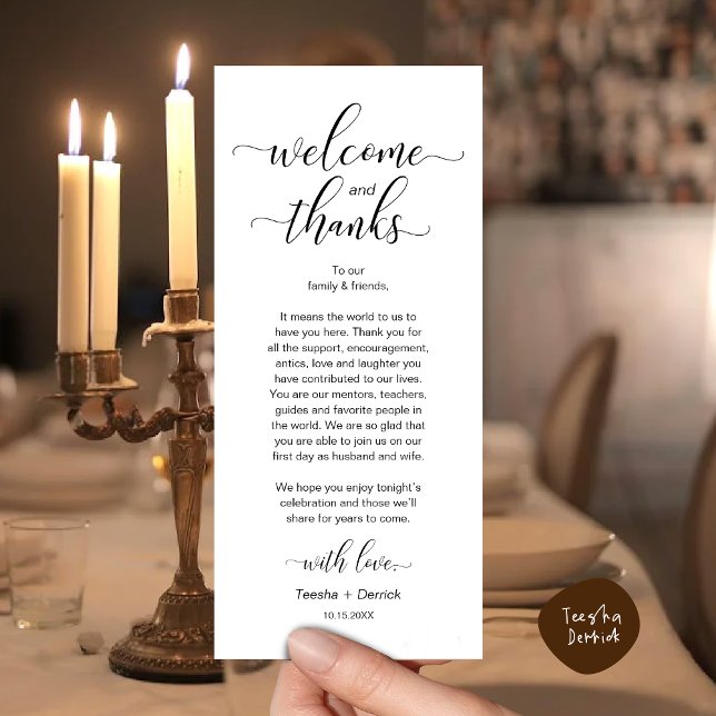 Inställning av tackkort för Modern Bröllop Bord St Program (Modern Wedding Dinner Brunch Lunch Table Place Setting Thank You Card in Classy Black White)