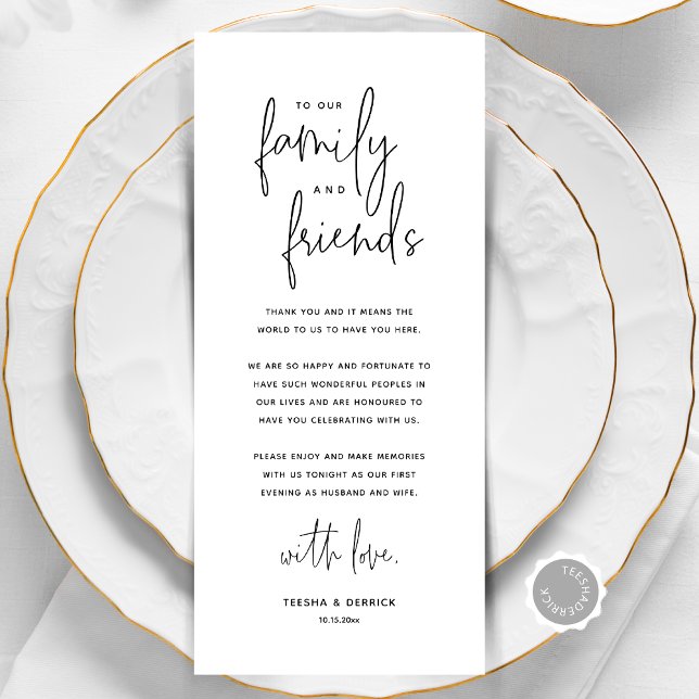 Inställning av tackkort för Modern Bröllop Ställe Program (Modern Minimalist Wedding Place Setting Thank You Card, Dinner Place Decor, Online Editable)
