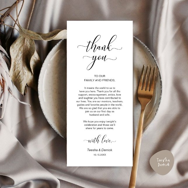 Inställning av tackkort för Modern Bröllop Ställe Program (Modern Wedding Dinner Place Setting Thank You Card in Classy White Black)