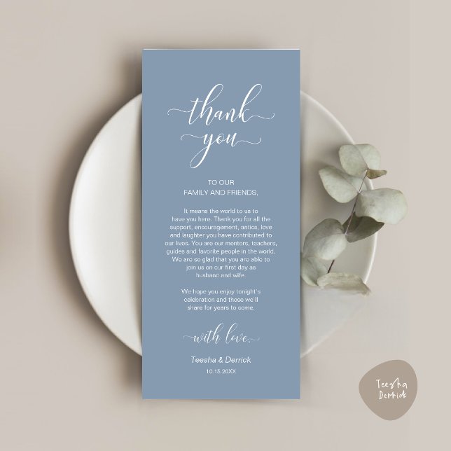 Inställning av tackkort för Modern Bröllop Ställe Program (Modern Wedding Dinner Place Setting Thank You Card in Classy Dusty Blue)