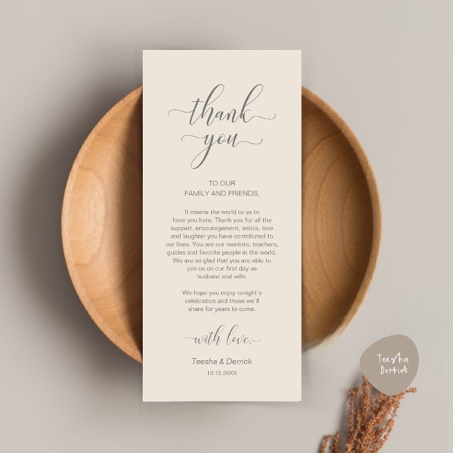 Inställning av tackkort för Modern Bröllop Ställe Program (Modern Wedding Dinner Place Setting Thank You Card in Classy Cream Grey)