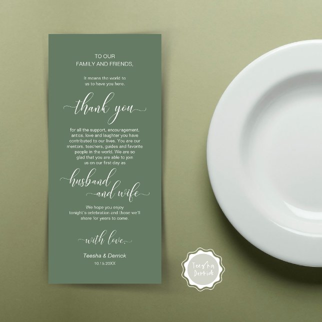 Inställning av tackkort för Modern Classy Bröllop  Program (Wedding Dinner Place Setting Thank You Card, Plate Decor, Modern Classy, in Forest Sage Green)