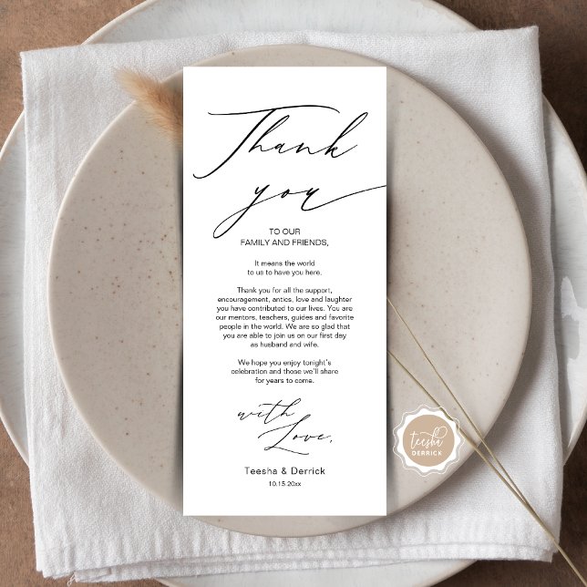 Inställning av tackkort för Modern Gentle Bröllop  Program (Wedding Dinner Place Setting Thank You Card, in Modern Gentle Script, Black themed, Plate Decor)