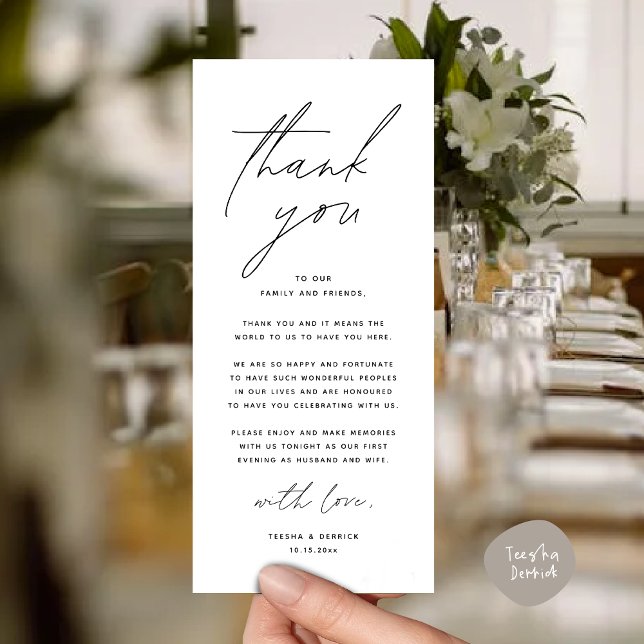 Inställning av tackkort för Party-middagen bröllop Program (Modern Romantic Wedding Place Setting Thank You Card for Dinner Brunch Lunch Party  in White Black)