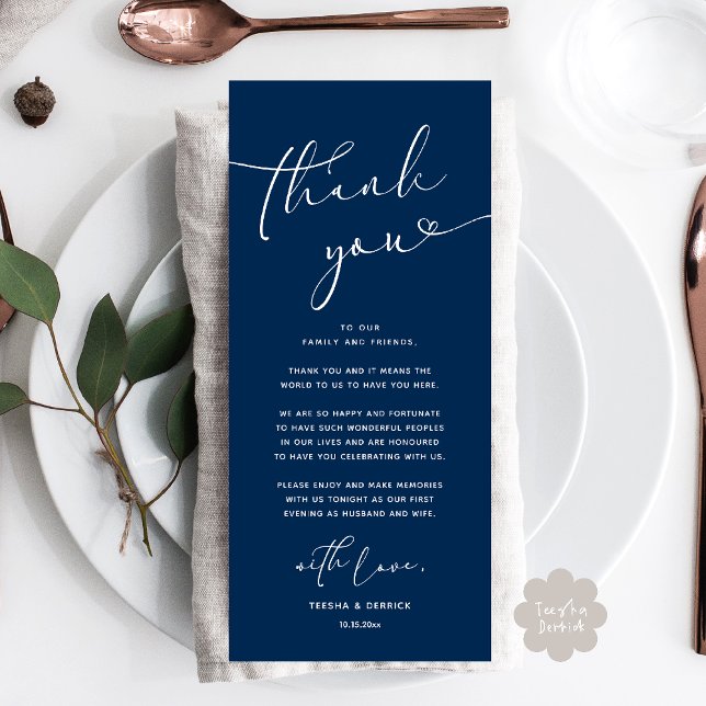Inställning av tackkort för Romantic Bröllop Ställ Program (Romantic Wedding Dinner Lunch Brunch Party Place Setting Thank You Card Navy Blue)