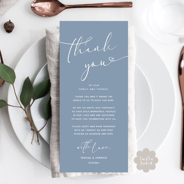 Inställning av tackkort för Romantic Bröllop Ställ Program (Romantic Wedding Dinner Lunch Brunch Party Place Setting Thank You Card Dusty Blue)