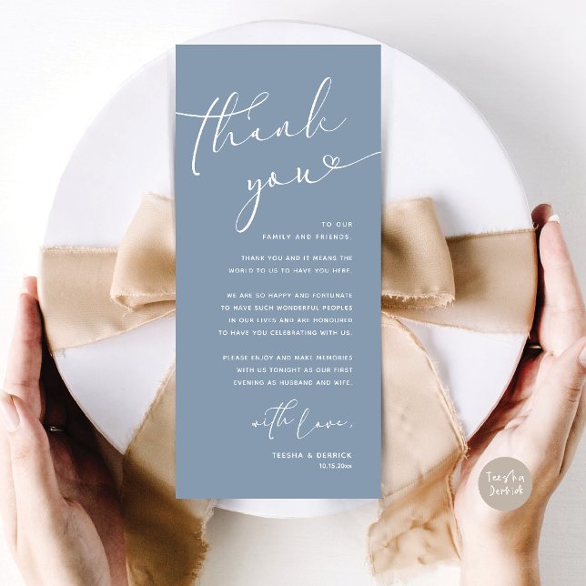 Inställning av tackkort för Romantic Bröllop Ställ Program (Romantic Wedding Dinner Lunch Brunch Party Place Setting Thank You Card Dusty Blue)