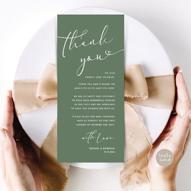 Inställning av tackkort för Romantic Bröllop Ställ Program (Romantic Wedding Dinner Lunch Brunch Party Place Setting Thank You Card Sage Green)