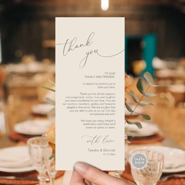 Inställning av tackkort för Romantic Bröllop Ställ Program (Romantic Wedding Dinner Place Setting Thank You Card, Plate Decor, in Dark Grey Cream)