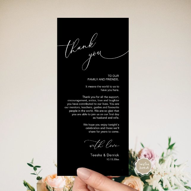 Inställning av tackkort för Romantic Bröllop Ställ Program (Romantic Wedding Dinner Place Setting Thank You Card, Plate Decor, in Classy Black)
