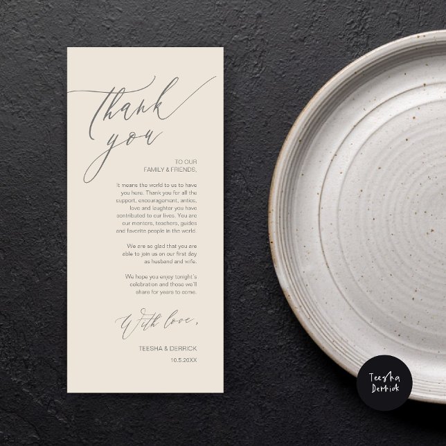 Inställning av tackkort för Romantic Bröllop Ställ Program (Romantic Wedding Dinner Place Setting Thank You Card, in Dark Grey Cream)