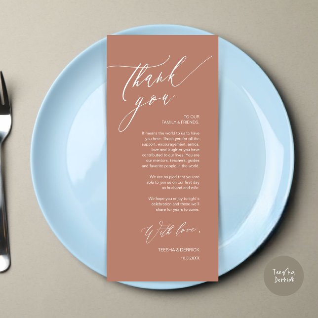 Inställning av tackkort för Romantic Bröllop Ställ Program (Romantic Wedding Dinner Place Setting Thank You Card, in Terracotta Earthy Brown)