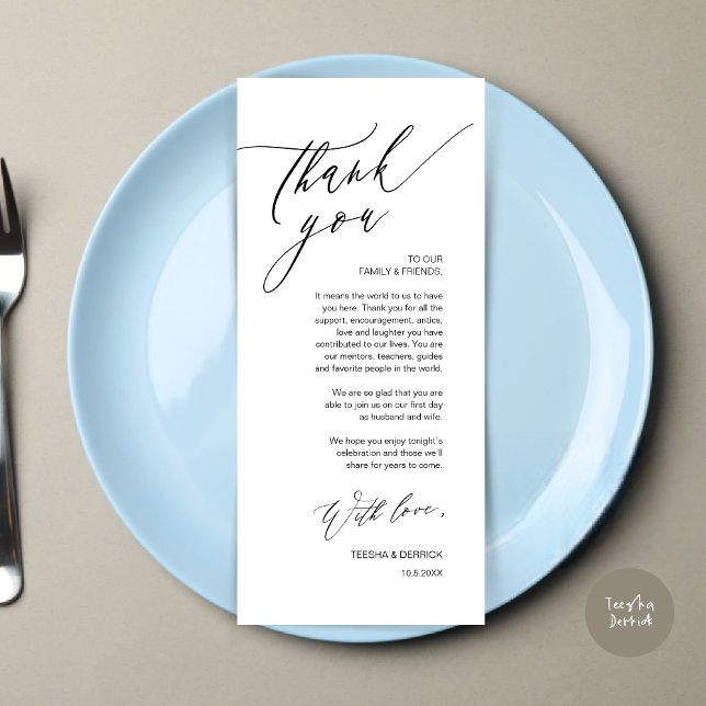 Inställning av tackkort för Romantic Bröllop Ställ Program (Romantic Wedding Dinner Place Setting Thank You Card, in Black and White)