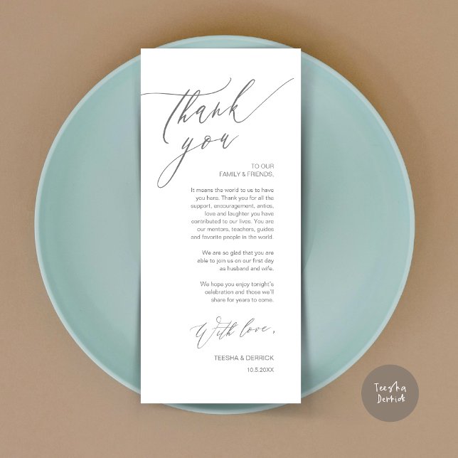 Inställning av tackkort för Romantic Bröllop Ställ Program (Romantic Wedding Dinner Place Setting Thank You Card, in Dark Grey)