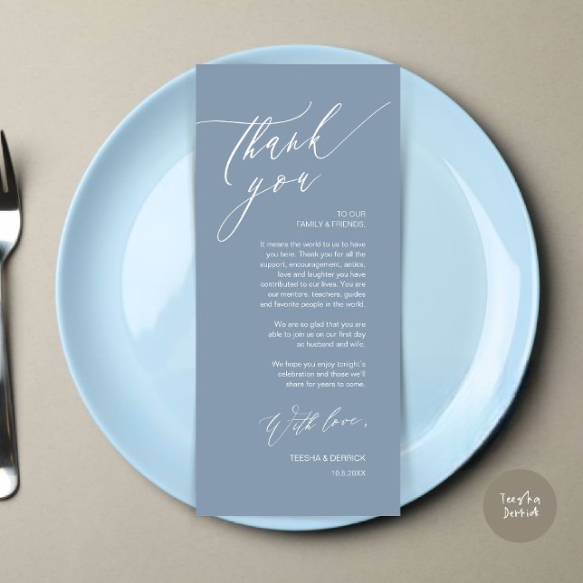 Inställning av tackkort för Romantic Bröllop Ställ Program (Romantic Wedding Dinner Place Setting Thank You Card, in Dusty Blue)