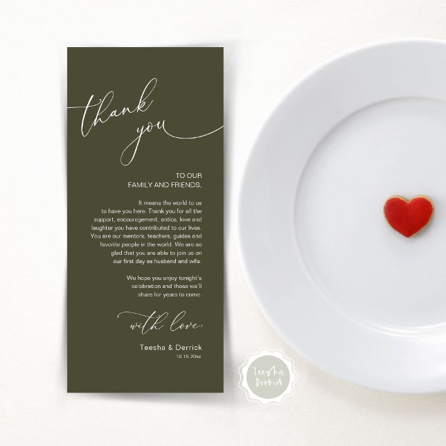 Inställning av tackkort för Romantic Bröllop Ställ Program (Modern Romantic Wedding Lunch, Brunch, Dinner Place Setting Thank You Card, in Olive Green)