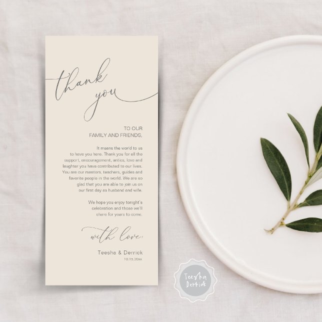 Inställning av tackkort för Romantic Bröllop Ställ Program (Modern Romantic Wedding Lunch, Brunch, Dinner Place Setting Thank You Card, in Cream Grey)